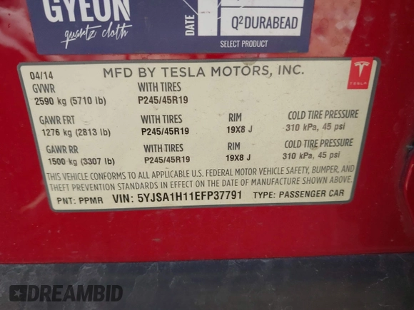 2014 Tesla Model S 60 with VIN 5YJSA1H11EFP37791, listed as a IAAI auction lot 41995504 with 84,371 mi miles and . Bid and sale history available at DreamBid. Image 9.
