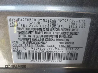 2021 Nissan Sentra SV with VIN 3N1AB8CVXMY227442, listed as a IAAI auction lot 41905591 with 18,090 mi miles. Bid and sale history available at carsss.com. Image 9.