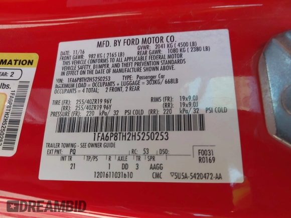 2017 Ford Mustang EcoBoost с VIN 1FA6P8TH2H5250253, выставлен на аукционе IAAI как лот 41990586 с пробегом 92 154 миль миль и . История ставок и продаж доступна на DreamBid. Изображение 9.