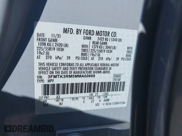 2021 Ford Mustang Mach-E Premium with VIN 3FMTK3RM5MMA60868, listed as a IAAI auction lot 41825849 with 60,119 mi miles and . Bid and sale history available at DreamBid. Image 9.