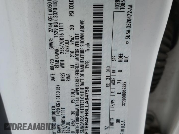 2020 Ford Ranger XL with VIN 1FTER4FH6LLA64756, listed as a Copart auction lot 55722235 with 82,537 mi miles and Salvage title. Bid and sale history available at DreamBid. Image 12.