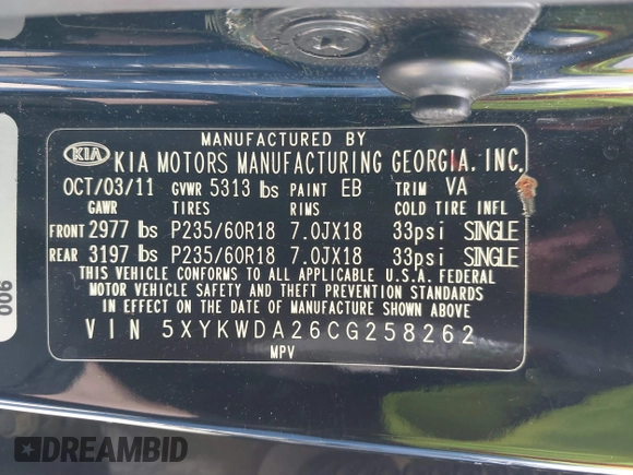 2012 Kia Sorento SX with VIN 5XYKWDA26CG258262, listed as a IAAI auction lot 42068704 with 124,832 mi miles. Bid and sale history available at carsss.com. Image 9.