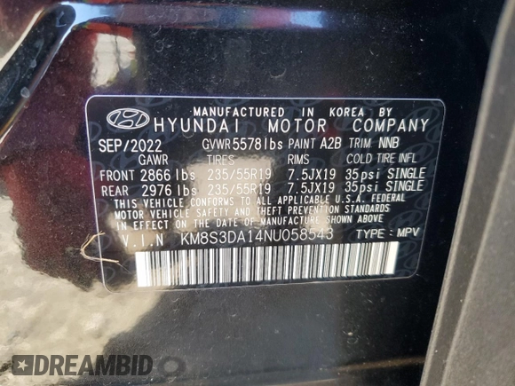 2022 Hyundai Santa Fe Hybrid SEL Premium with VIN KM8S3DA14NU058543, listed as a Copart auction lot 40457534 with 7,637 mi miles. Bid and sale history available at carsss.com. Image 14.