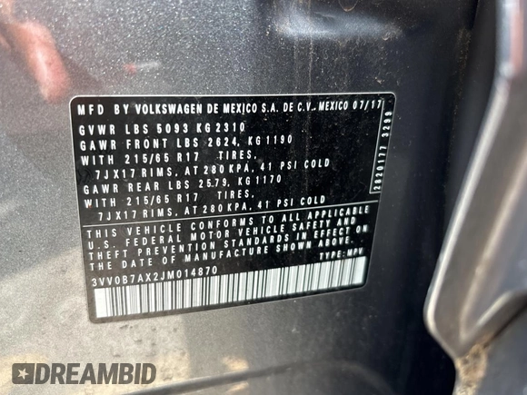 2018 Volkswagen Tiguan S z VIN 3VV0B7AX2JM014870, wystawiony jako Copart lot #65734835 z przebiegiem 118 575 mil mil oraz Czysty tytuł • Clean title. Historia ofert i sprzedaży dostępna na DreamBid. Obrazek 10.