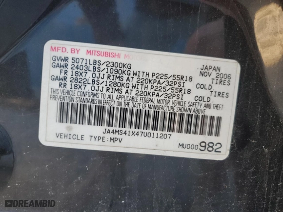 2007 Mitsubishi Outlander XLS with VIN JA4MS41X47U011207, listed as a Copart auction lot 87314894 with 272,077 mi miles and Salvage Title. Bid and sale history available at carsss.com. Image 16.