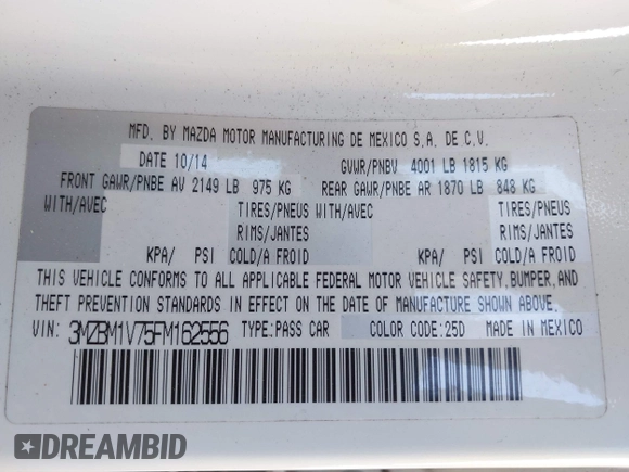 2015 Mazda Mazda3 i Touring with VIN 3MZBM1V75FM162556, listed as a IAAI auction lot 41776493 with 114,442 mi miles. Bid and sale history available at carsss.com. Image 9.