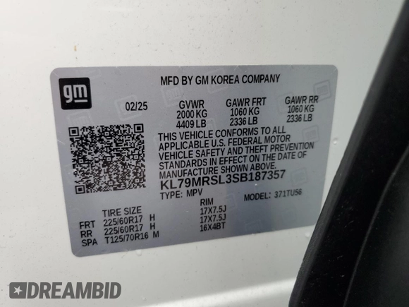 2025 Chevrolet TrailBlazer LT with VIN KL79MRSL3SB187357, listed as a Copart auction lot 55423795 with 2,430 mi miles and Clean Title. Bid and sale history available at DreamBid. Image 13.