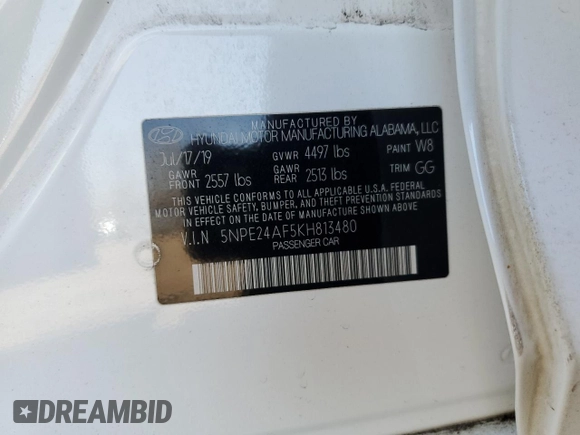 2019 Hyundai Sonata SE with VIN 5NPE24AF5KH813480, listed as a Copart auction lot 48629485 with 76,752 mi miles and Salvage Title. Bid and sale history available at carsss.com. Image 14.