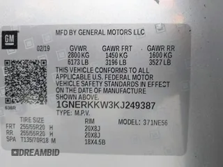 2019 Chevrolet Traverse Premier with VIN 1GNERKKW3KJ249387, listed as a IAAI auction lot 41710505 with 65,191 mi miles. Bid and sale history available at carsss.com. Image 9.