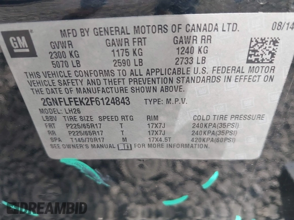 2015 Chevrolet Equinox LT z VIN 2GNFLFEK2F6124843, wystawiony jako IAAI lot #41980422 z przebiegiem 206 769 mil mil oraz . Historia ofert i sprzedaży dostępna na DreamBid. Obrazek 9.