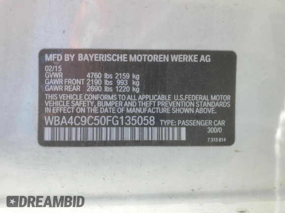 2015 BMW 4 Series 428i xDrive with VIN WBA4C9C50FG135058, listed as a Copart auction lot 60287555 with 86,809 mi miles and Salvage title. Bid and sale history available at DreamBid. Image 12.