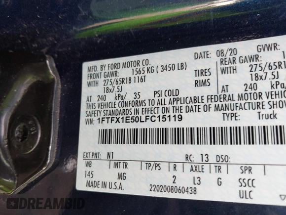 2020 Ford F-150 XL with VIN 1FTFX1E50LFC15119, listed as a IAAI auction lot 41784677 with 21,117 mi miles and . Bid and sale history available at DreamBid. Image 9.