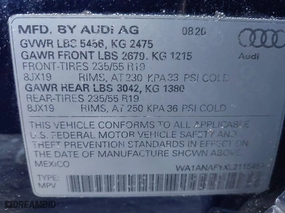 2020 Audi Q5 Premium with VIN WA1ANAFYXL2115457, listed as a IAAI auction lot 41441322 with 72,395 mi miles. Bid and sale history available at carsss.com. Image 9.
