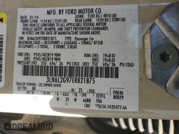 2014 Lincoln MKZ with VIN 3LN6L2G97ER821875, listed as a Copart auction lot 52415175 with 189,544 mi miles and Salvage Title. Bid and sale history available at DreamBid. Image 14.