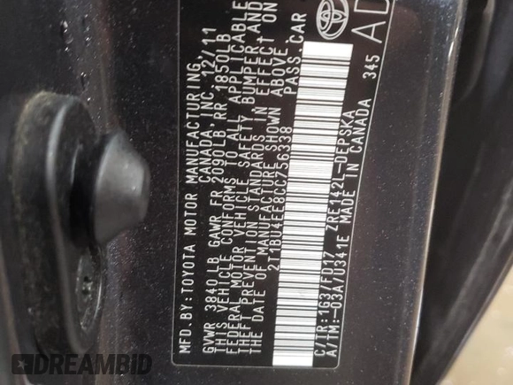 2012 Toyota Corolla L with VIN 2T1BU4EE8CC756338, listed as a Copart auction lot 46357755 with 156,496 mi miles and Salvage Title. Bid and sale history available at carsss.com. Image 12.