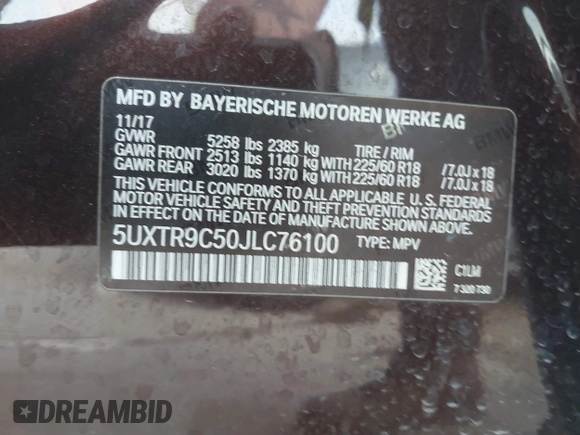 2018 BMW X3 xDrive30i with VIN 5UXTR9C50JLC76100, listed as a IAAI auction lot 41857792 with 67,854 mi miles and . Bid and sale history available at DreamBid. Image 9.
