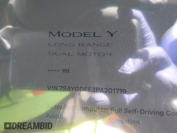 2023 Tesla Model Y Long Range with VIN 7SAYGDEE3PA201719, listed as a IAAI auction lot 42048816 with Not Provided miles and . Bid and sale history available at DreamBid. Image 7.