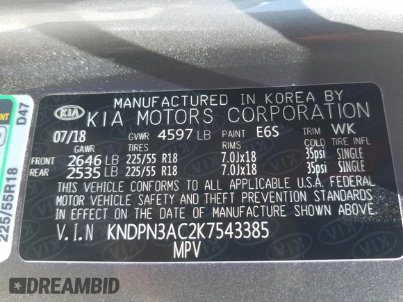 2019 Kia Sportage EX with VIN KNDPN3AC2K7543385, listed as a Copart auction lot 41028910 with 18,071 mi miles and Salvage title. Bid and sale history available at DreamBid. Image 10.