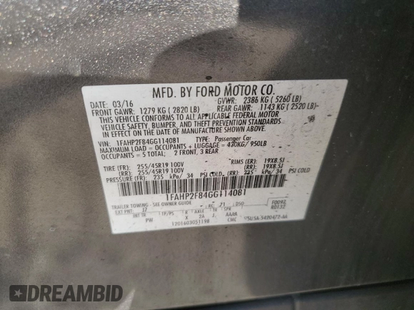 2016 Ford Taurus Limited with VIN 1FAHP2F84GG114081, listed as a Copart auction lot 44308665 with 138,819 mi miles and Salvage Title. Bid and sale history available at DreamBid. Image 12.