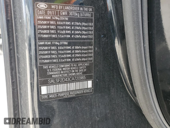 2012 Land Rover Range Rover Sport HSE with VIN SALSF2D43CA720965, listed as a Copart auction lot 50938085 with 146,691 mi miles and Salvage Title. Bid and sale history available at DreamBid. Image 13.