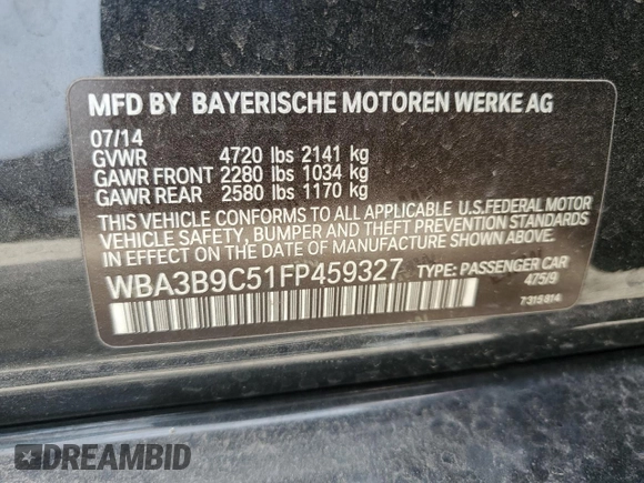 2015 BMW 3 Series 335i xDrive with VIN WBA3B9C51FP459327, listed as a Copart auction lot 50722795 with 58,275 mi miles and Salvage title. Bid and sale history available at DreamBid. Image 12.