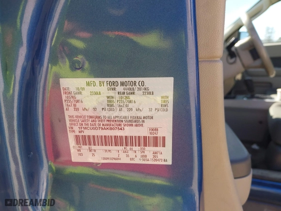 2010 Ford Escape XLT with VIN 1FMCU0D79AKB07543, listed as a IAAI auction lot 41846743 with 165,883 mi miles. Bid and sale history available at carsss.com. Image 9.