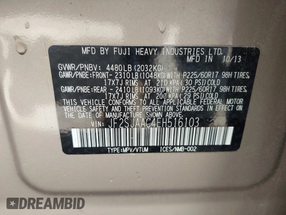 2014 Subaru Forester 2.5i with VIN JF2SJAAC4EH516103, listed as a IAAI auction lot 42065064 with 140,531 mi miles and . Bid and sale history available at DreamBid. Image 9.