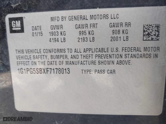 2015 Chevrolet Cruze LTZ with VIN 1G1PG5SBXF7178013, listed as a IAAI auction lot 41781195 with 122,494 mi miles. Bid and sale history available at carsss.com. Image 9.