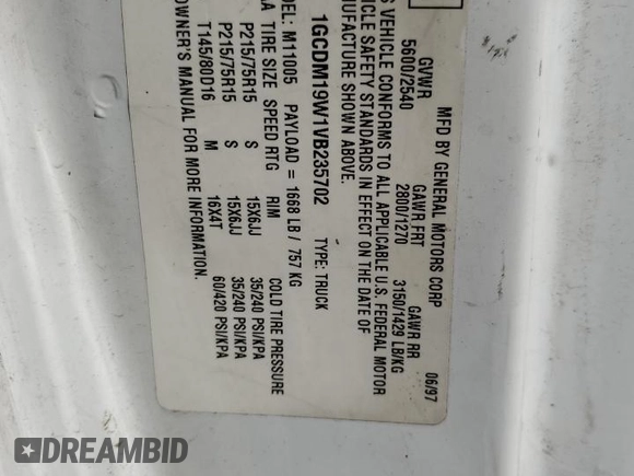 1997 Chevrolet Astro Cargo Van with VIN 1GCDM19W1VB235702, listed as a Copart auction lot 43759595 with 196,881 mi miles and Salvage Title. Bid and sale history available at carsss.com. Image 13.