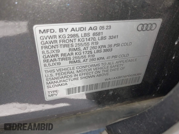 2023 Audi Q7 Premium with VIN WA1AXBF76PD025384, listed as a IAAI auction lot 41838885 with 23,857 mi miles and . Bid and sale history available at DreamBid. Image 9.