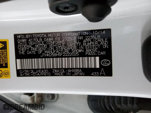 2015 Lexus CT 200h z VIN JTHKD5BH5F2222025, wystawiony jako Copart lot #52650175 z przebiegiem 88 800 mil mil oraz Szkody całkowita. Historia ofert i sprzedaży dostępna na DreamBid. Obrazek 14.