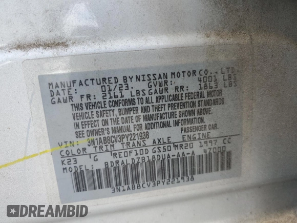 2023 Nissan Sentra SV z VIN 3N1AB8CV3PY221938, wystawiony jako Copart lot #55152145 z przebiegiem 48 786 mil mil oraz Szkoda całkowita • Salvage title. Historia ofert i sprzedaży dostępna na DreamBid. Obrazek 12.