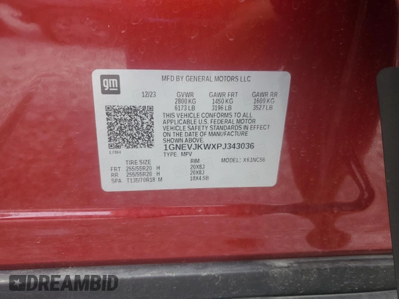 2023 Chevrolet Traverse RS with VIN 1GNEVJKWXPJ343036, listed as a Copart auction lot 57858945 with 16,074 mi miles and Salvage title. Bid and sale history available at DreamBid. Image 13.