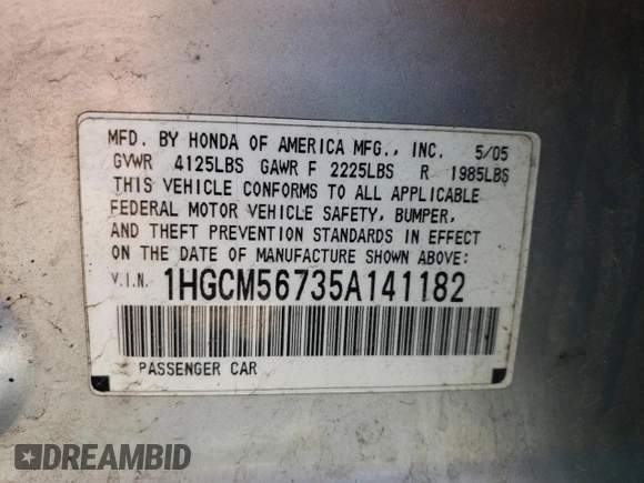 2005 Honda Accord EX with VIN 1HGCM56735A141182, listed as a Copart auction lot 48768305 with 195,948 mi miles and Salvage Title. Bid and sale history available at DreamBid. Image 12.
