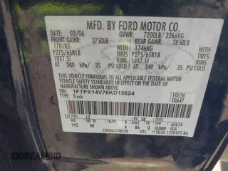 2006 Ford F-150 XLT с VIN 1FTPX14V76KD15624, выставлен на аукционе IAAI как лот 42255350 с пробегом 246 575 миль миль и . История ставок и продаж доступна на DreamBid. Изображение 9.