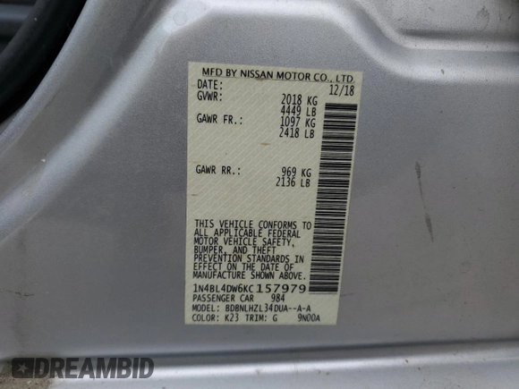 2019 Nissan Altima SV z VIN 1N4BL4DW6KC157979, wystawiony jako Copart lot #49491025 z przebiegiem 120 055 mil mil oraz Szkoda całkowita • Salvage title. Historia ofert i sprzedaży dostępna na DreamBid. Obrazek 15.