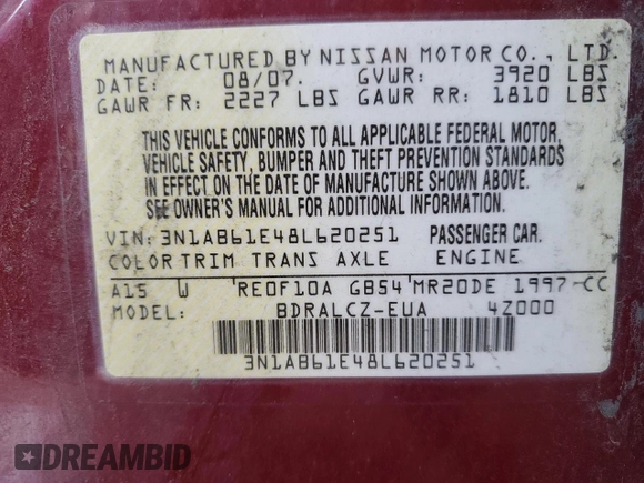 2008 Nissan Sentra S with VIN 3N1AB61E48L620251, listed as a Copart auction lot 58914325 with 156,859 mi miles and Salvage title. Bid and sale history available at DreamBid. Image 13.