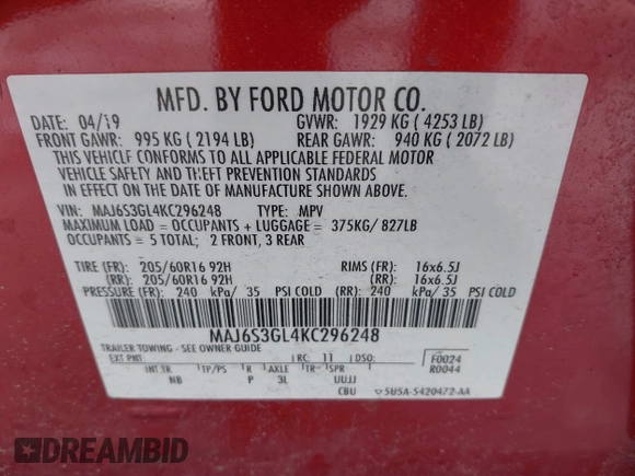 2019 Ford EcoSport SE z VIN MAJ6S3GL4KC296248, wystawiony jako IAAI lot #41630714 z przebiegiem 96 878 mil mil oraz . Historia ofert i sprzedaży dostępna na DreamBid. Obrazek 9.