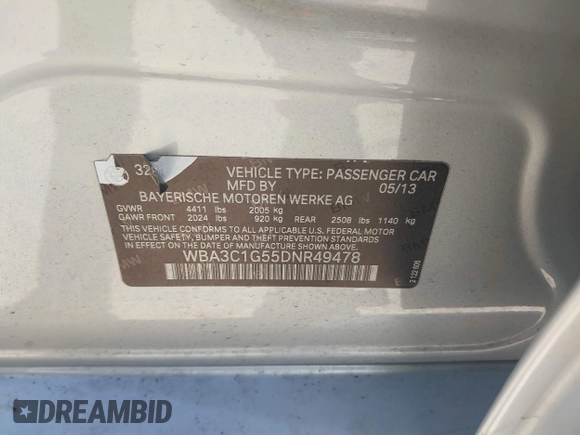 2013 BMW 3 Series 328i with VIN WBA3C1G55DNR49478, listed as a IAAI auction lot 41646742 with 142,034 mi miles and . Bid and sale history available at DreamBid. Image 9.