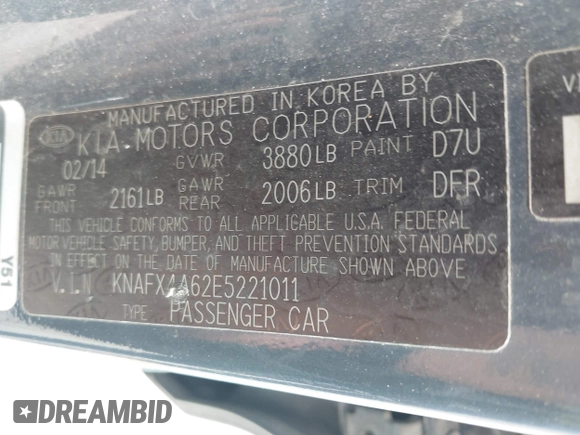 2014 Kia Forte LX with VIN KNAFX4A62E5221011, listed as a IAAI auction lot 42063598 with 187,649 mi miles. Bid and sale history available at carsss.com. Image 9.