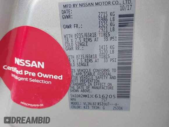 2018 Nissan Pathfinder SV with VIN 5N1DR2MM1JC616205, listed as a IAAI auction lot 42536607 with 117,198 mi miles and . Bid and sale history available at DreamBid. Image 9.