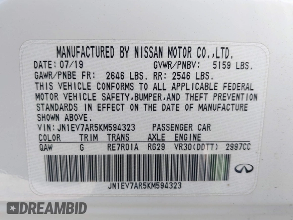 2019 Infiniti Q50 Luxe with VIN JN1EV7AR5KM594323, listed as a IAAI auction lot 42011023 with 68,235 mi miles and . Bid and sale history available at DreamBid. Image 9.