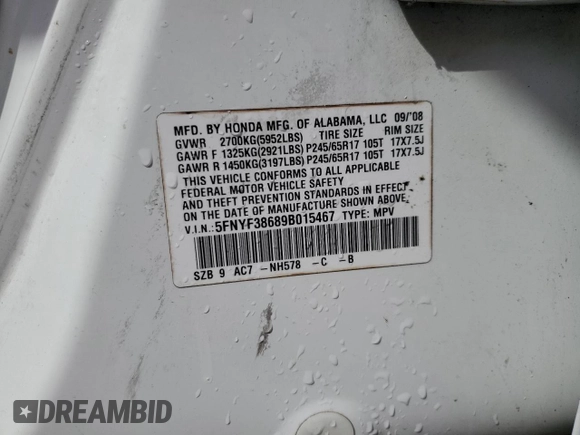 2009 Honda Pilot EX-L z VIN 5FNYF38689B015467, wystawiony jako Copart lot #50824945 z przebiegiem 150 853 mil mil oraz Szkoda całkowita • Salvage title. Historia ofert i sprzedaży dostępna na DreamBid. Obrazek 13.