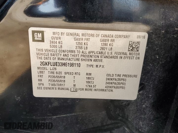 2017 GMC Terrain SLT with VIN 2GKFLUE33H6198110, listed as a Copart auction lot 64400434 with Not Provided miles and Salvage Title. Bid and sale history available at DreamBid. Image 14.