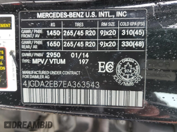 2014 Mercedes-Benz M 350 with VIN 4JGDA2EB7EA363543, listed as a Copart auction lot 53585855 with 168,940 mi miles and Salvage Title. Bid and sale history available at DreamBid. Image 13.