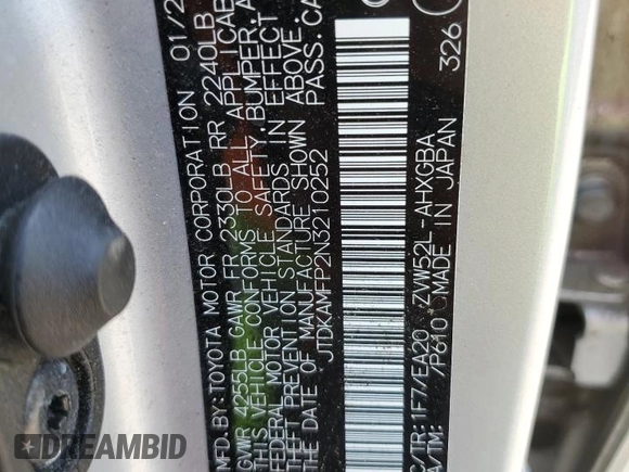 2022 Toyota Prius LE with VIN JTDKAMFP2N3210252, listed as a Copart auction lot 60030335 with 93,325 mi miles and Salvage title. Bid and sale history available at DreamBid. Image 12.