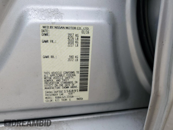 2016 Nissan Altima SV with VIN 1N4AL3AP3GC156895, listed as a Copart auction lot 53917675 with 108,580 mi miles and Salvage Title. Bid and sale history available at DreamBid. Image 12.