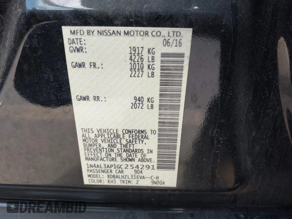 2016 Nissan Altima S with VIN 1N4AL3AP1GC254291, listed as a IAAI auction lot 41209276 with Not Provided miles and . Bid and sale history available at carsss.com. Image 9.
