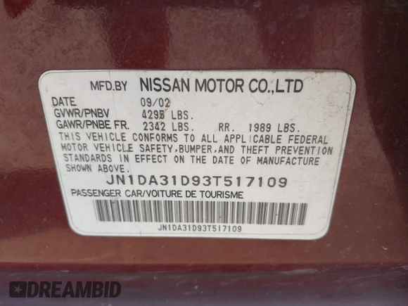 2003 Nissan Maxima SE with VIN JN1DA31D93T517109, listed as a IAAI auction lot 42019171 with 168,494 mi miles and . Bid and sale history available at DreamBid. Image 9.