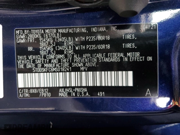 2021 Toyota Sienna XSE with VIN 5TDDSKFC6MS018241, listed as a Copart auction lot 89412525 with 34,294 mi miles and Salvage Title. Bid and sale history available at carsss.com. Image 13.
